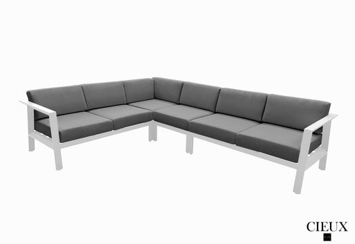 Pending - Cieux Canvas Charcoal Corsica Outdoor Patio Aluminum Metal L-Shaped Sectional Sofa in White with Sunbrella Cushions - Available in 2 Colours