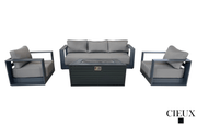 Pending - Cieux Canvas Charcoal Lyon Outdoor Patio Aluminum Metal Sofa Conversation Set and Annency Fire Pit Coffee Table in Midnight Grey with Sunbrella Cushions - Available in 2 Colours