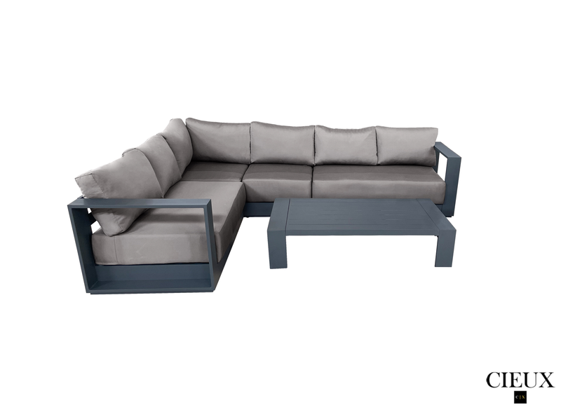 Pending - Cieux Canvas Taupe Lyon 2 Piece Outdoor Patio Aluminum Metal L-Shaped Sectional Sofa and Coffee Table Set in Midnight Grey with Sunbrella Cushions - Available in 2 Colours