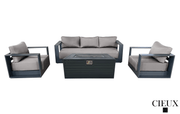 Pending - Cieux Canvas Taupe Lyon Outdoor Patio Aluminum Metal Sofa Conversation Set and Annency Fire Pit Coffee Table in Midnight Grey with Sunbrella Cushions - Available in 2 Colours