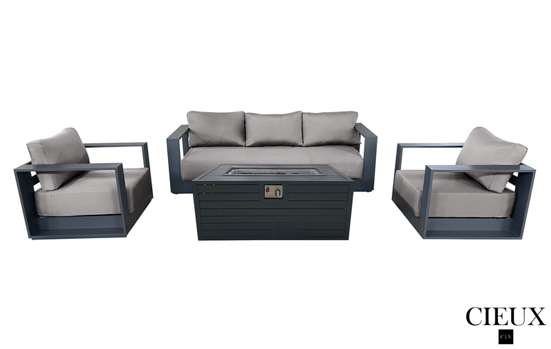 Pending - Cieux Canvas Taupe Lyon Outdoor Patio Aluminum Metal Sofa Conversation Set and Annency Fire Pit Coffee Table in Midnight Grey with Sunbrella Cushions - Available in 2 Colours