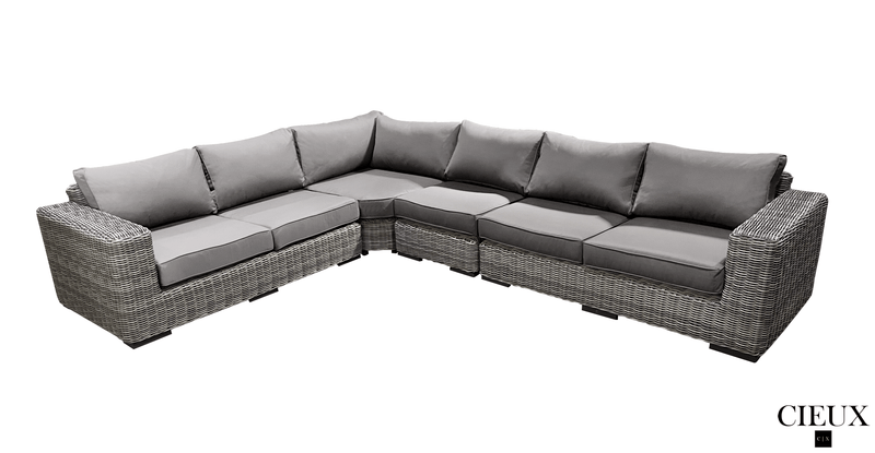Pending - Cieux Champagne 2 Piece Outdoor Patio Wicker L-Shaped Sectional Sofa and Coffee Table Set in Grey with Sunbrella Cushions - Available in 2 Colours