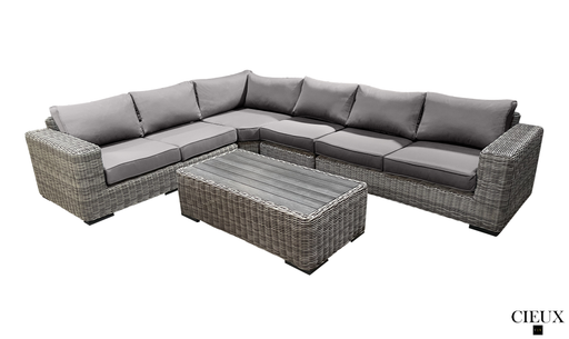 Pending - Cieux Champagne 2 Piece Outdoor Patio Wicker L-Shaped Sectional Sofa and Coffee Table Set in Grey with Sunbrella Cushions - Available in 2 Colours
