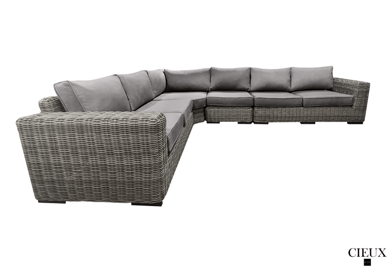 Pending - Cieux Champagne 2 Piece Outdoor Patio Wicker L-Shaped Sectional Sofa and Coffee Table Set in Grey with Sunbrella Cushions - Available in 2 Colours