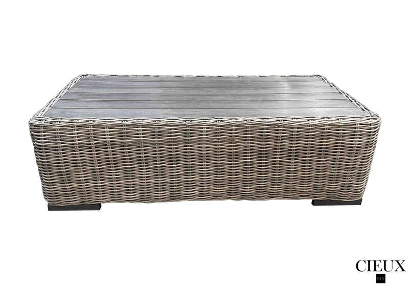 Pending - Cieux Champagne 2 Piece Outdoor Patio Wicker L-Shaped Sectional Sofa and Coffee Table Set in Grey with Sunbrella Cushions - Available in 2 Colours