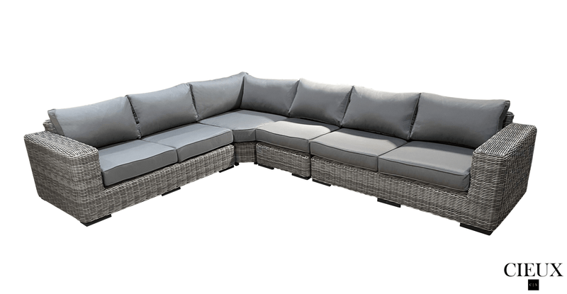Pending - Cieux Champagne 2 Piece Outdoor Patio Wicker L-Shaped Sectional Sofa and Coffee Table Set in Grey with Sunbrella Cushions - Available in 2 Colours