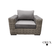Pending - Cieux Champagne 3 Piece Outdoor Patio Wicker Corner Sectional Sofa, Coffee Table and Club Chair Set in Grey with Sunbrella Cushions - Available in 2 Colours