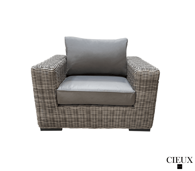 Pending - Cieux Champagne 3 Piece Outdoor Patio Wicker Corner Sectional Sofa, Coffee Table and Club Chair Set in Grey with Sunbrella Cushions - Available in 2 Colours