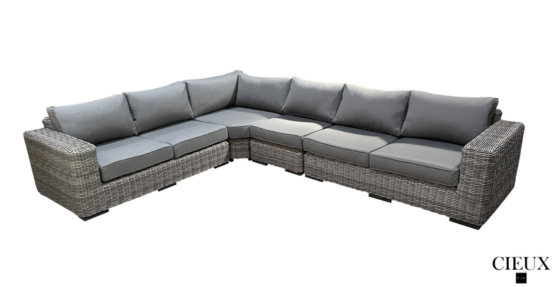 Pending - Cieux Champagne Outdoor Patio Wicker L-Shaped Sectional Sofa in Grey with Sunbrella Cushions - Available in 2 Colours