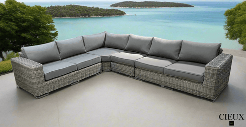 Pending - Cieux Champagne Outdoor Patio Wicker L-Shaped Sectional Sofa in Grey with Sunbrella Cushions - Available in 2 Colours