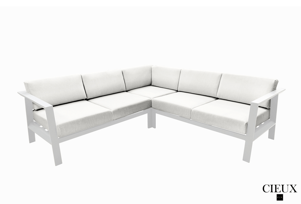 Pending - Cieux CORSI-CRSEC-NATUR Corsica Outdoor Patio Aluminum Metal Corner Sectional Sofa in White with Sunbrella Cushions - Available in 2 Colours