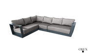 Pending - Cieux Lyon 3 Piece Outdoor Patio Aluminum Metal L-Shaped Sectional Sofa, Coffee Table and Club Chair Set in Midnight Grey with Sunbrella Cushions - Available in 2 Colours