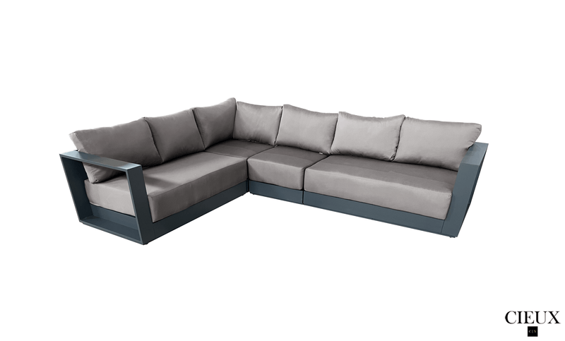 Pending - Cieux Lyon 3 Piece Outdoor Patio Aluminum Metal L-Shaped Sectional Sofa, Coffee Table and Club Chair Set in Midnight Grey with Sunbrella Cushions - Available in 2 Colours