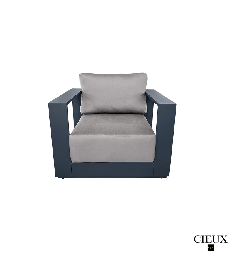 Pending - Cieux Lyon 3 Piece Outdoor Patio Aluminum Metal L-Shaped Sectional Sofa, Coffee Table and Club Chair Set in Midnight Grey with Sunbrella Cushions - Available in 2 Colours