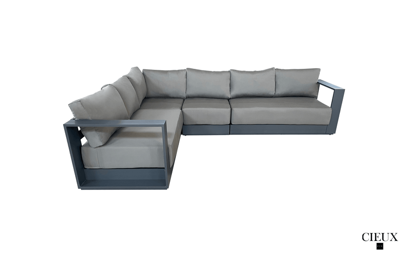 Pending - Cieux Lyon 3 Piece Outdoor Patio Aluminum Metal L-Shaped Sectional Sofa, Coffee Table and Club Chair Set in Midnight Grey with Sunbrella Cushions - Available in 2 Colours