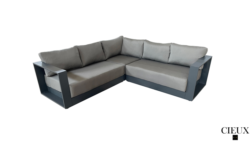 Pending - Cieux Lyon Outdoor Patio Aluminum Metal Corner Sectional Sofa in Midnight Grey with Sunbrella Cushions - Available in 2 Colours