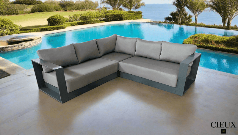 Pending - Cieux Lyon Outdoor Patio Aluminum Metal Corner Sectional Sofa in Midnight Grey with Sunbrella Cushions - Available in 2 Colours