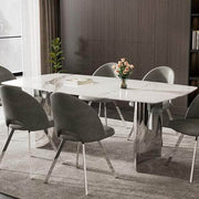 Pending - IFDC Dining Table Merritt 7 Piece Sintered Stone Matte Snow White Marble Top and Stainless Steel Base Dining Room Furniture Set