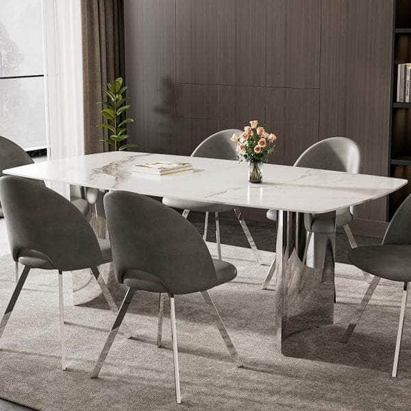 Pending - IFDC Dining Table Merritt 7 Piece Sintered Stone Matte Snow White Marble Top and Stainless Steel Base Dining Room Furniture Set