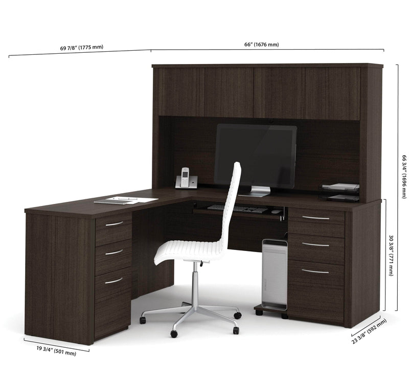 Pending - Modubox Desk Embassy 66W L-Shaped Desk with Two Pedestals and Hutch in Dark Chocolate