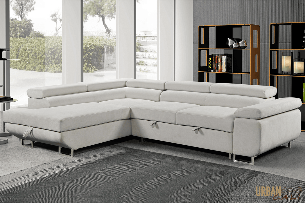 Pending - Urban Cali Left Facing Chaise Hollywood Sleeper Sectional Sofa Bed with Adjustable Headrests and Storage Chaise in Ulani Cream