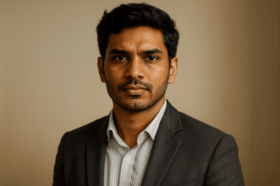 Portrait image of Aditya Ramachandran. After experiencing the devastating effects of flooding, Aditya designed, tested, and created a device to combat basement flooding across the Midwest. No text on image.