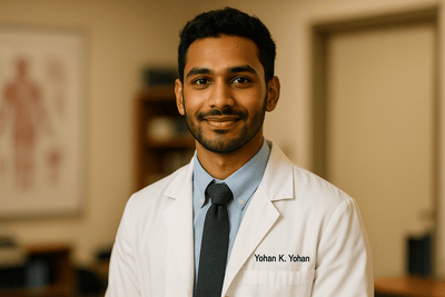 Portrait image of Yohan K. Yohan, a 3rd year medical student, helped found his school’s Infectious Disease Interest Group to empower students to address various infectious diseases, especially through free community health screenings, in the Dallas-Fort Worth area. No text on image.