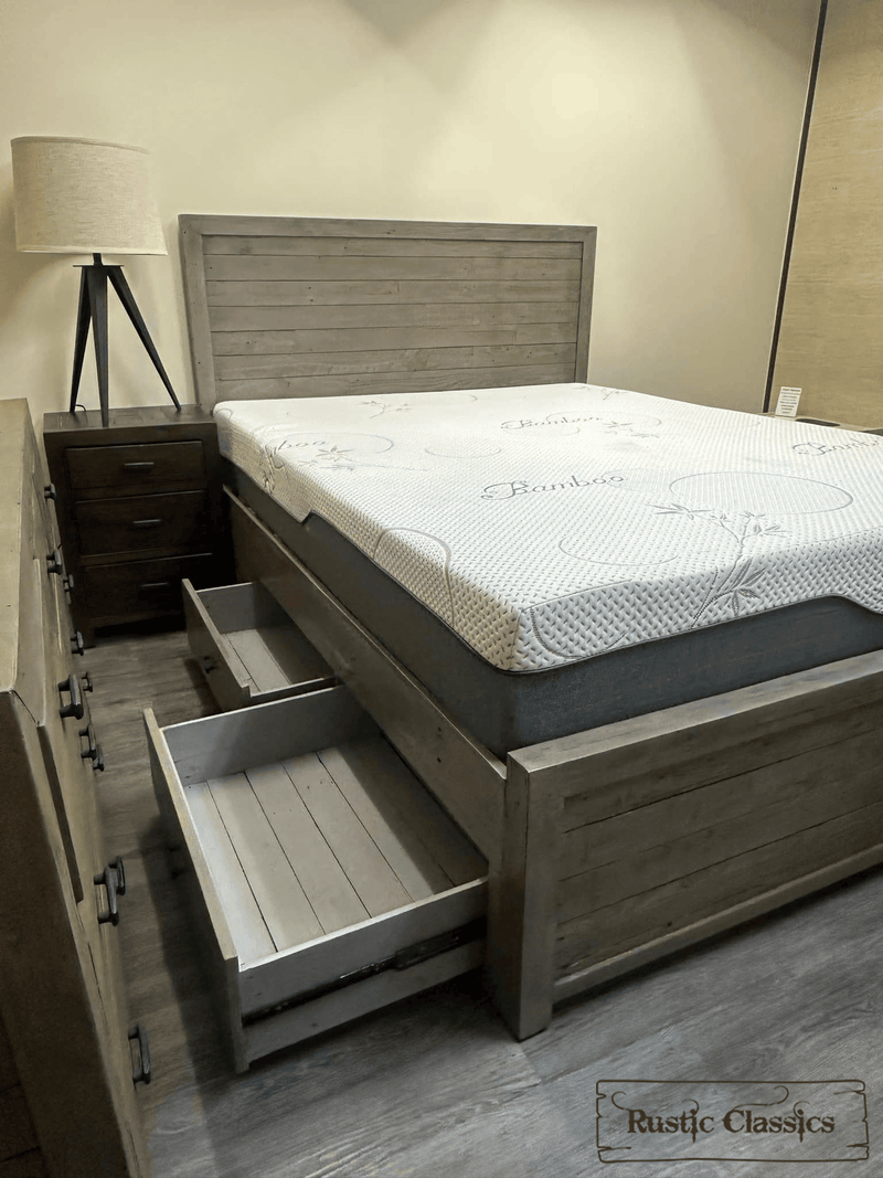 Rustic Classics Bed Whistler Reclaimed Wood Platform Bed with 4 Storage Drawers in Grey - Available in 2 Sizes