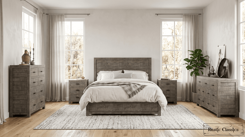 Rustic Classics Bedroom Set Whistler 5 Piece Reclaimed Wood Storage Platform Bedroom Furniture Set in Grey - Available in 2 Sizes