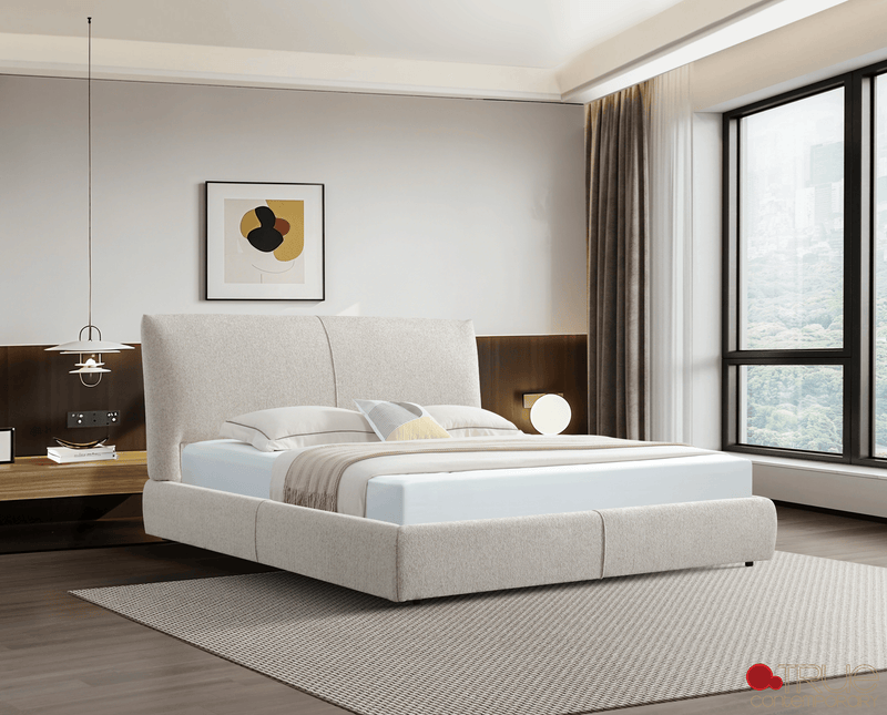 Ashford Beige Fabric Upholstered Platform Bed with Oak Legs- Available in 3 Sizes