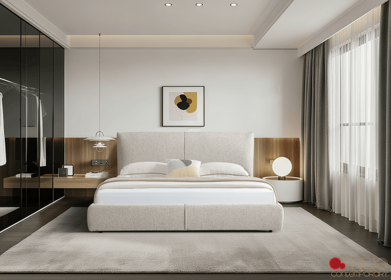 Ashford Beige Fabric Upholstered Platform Bed with Oak Legs- Available in 3 Sizes