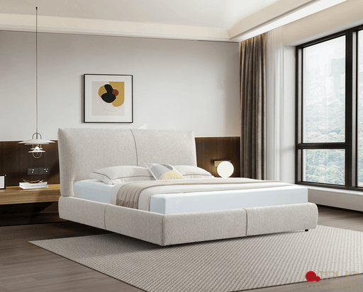 True Contemporary Bed Ashford Beige Fabric Upholstered Platform Bed with Oak Legs- Available in 3 Sizes
