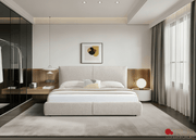 True Contemporary Bed Ashford Beige Fabric Upholstered Platform Bed with Oak Legs- Available in 3 Sizes