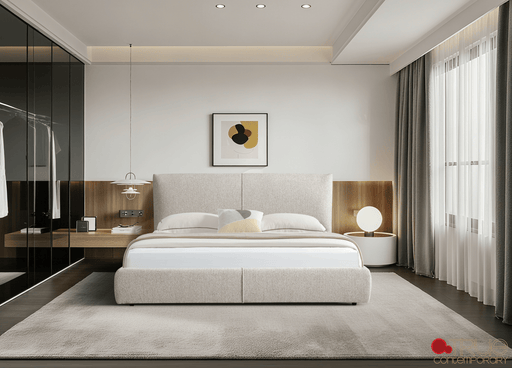 True Contemporary Bed Ashford Beige Fabric Upholstered Platform Bed with Oak Legs- Available in 3 Sizes