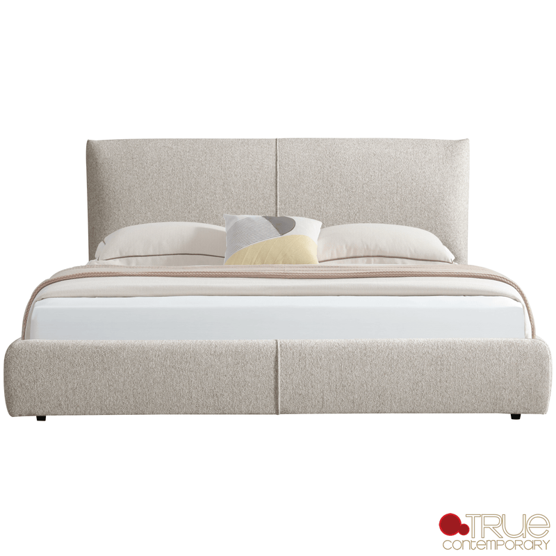 True Contemporary Bed Ashford Beige Fabric Upholstered Platform Bed with Oak Legs- Available in 3 Sizes