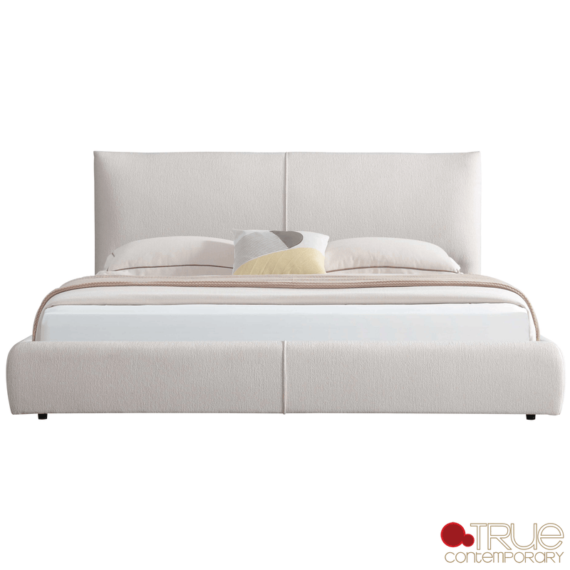True Contemporary Bed Ashford Beige Fabric Upholstered Platform Bed with Oak Legs- Available in 3 Sizes
