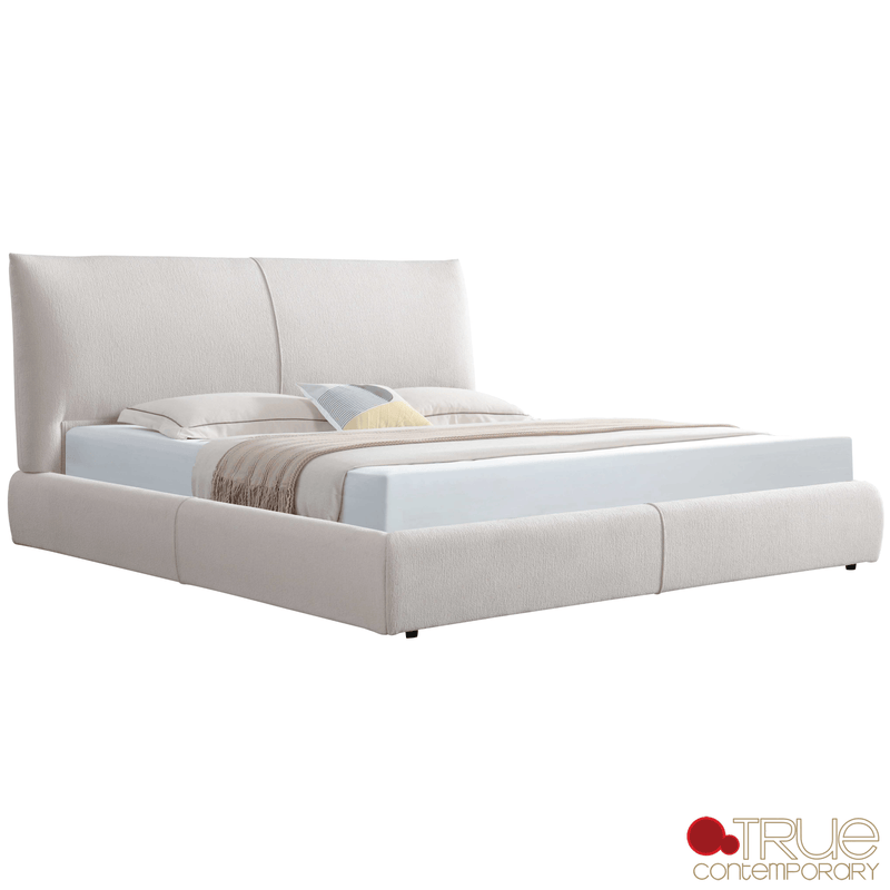 True Contemporary Bed Ashford Beige Fabric Upholstered Platform Bed with Oak Legs- Available in 3 Sizes