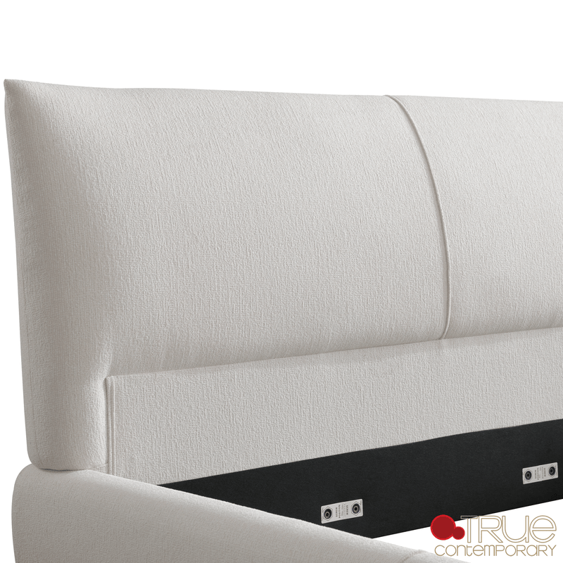 True Contemporary Bed Ashford Beige Fabric Upholstered Platform Bed with Oak Legs- Available in 3 Sizes