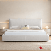 True Contemporary Bed Ashford Beige Fabric Upholstered Platform Bed with Oak Legs- Available in 3 Sizes