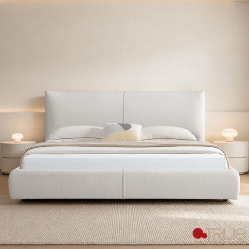 True Contemporary Bed Ashford Beige Fabric Upholstered Platform Bed with Oak Legs- Available in 3 Sizes