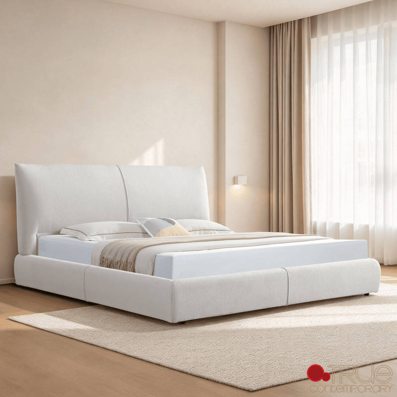 True Contemporary Bed Ashford Beige Fabric Upholstered Platform Bed with Oak Legs- Available in 3 Sizes