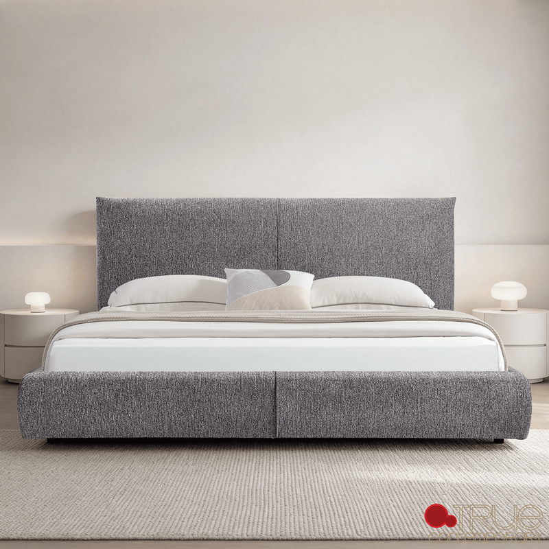 True Contemporary Bed Ashford Grey Fabric Upholstered Platform Bed with Oak Legs - Available in 3 Sizes