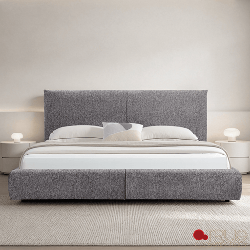 True Contemporary Bed Ashford Grey Fabric Upholstered Platform Bed with Oak Legs - Available in 3 Sizes