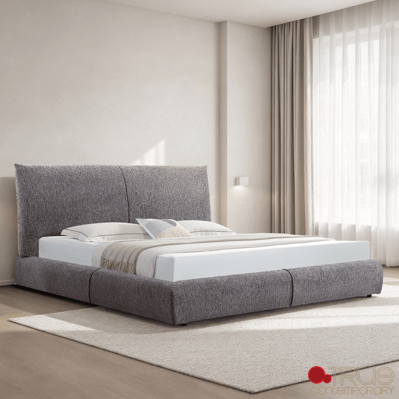 True Contemporary Bed Ashford Grey Fabric Upholstered Platform Bed with Oak Legs - Available in 3 Sizes