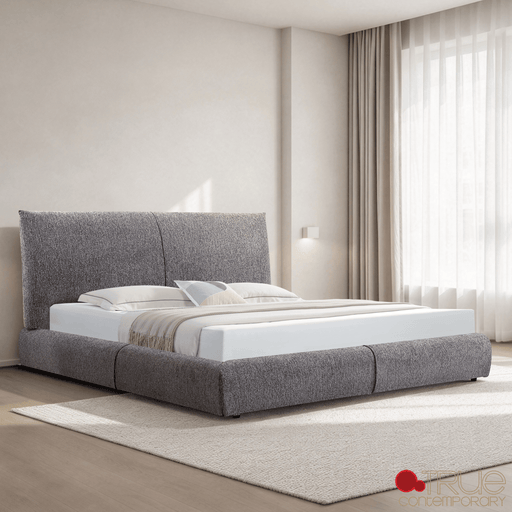 True Contemporary Bed Ashford Grey Fabric Upholstered Platform Bed with Oak Legs - Available in 3 Sizes