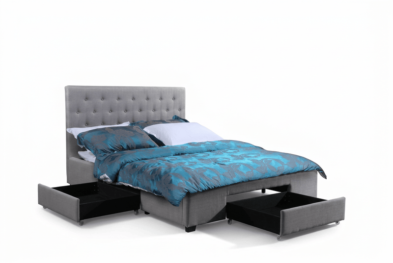 True Contemporary Bed Charlotte Grey Tufted Linen Platform Bed with Three Storage Drawers - Available in 3 Sizes