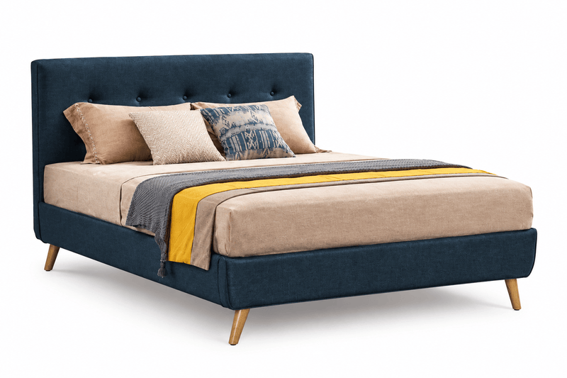 True Contemporary Bed Drew Midnight Blue Tufted Linen Platform Bed - Available in 3 Sizes