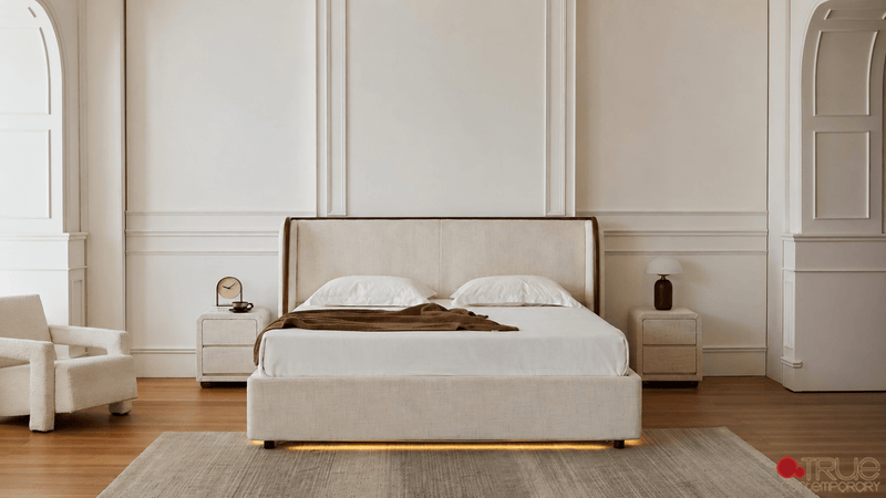 True Contemporary Bed Lumen Beige Fabric Wingback Platform Bed with LED Lighting - Available in 3 Sizes