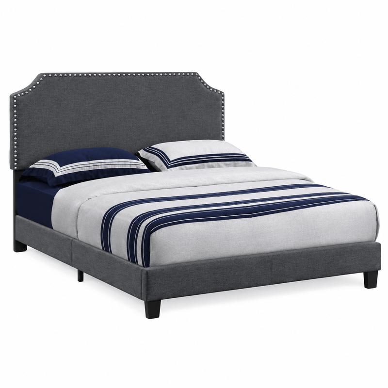 True Contemporary Bed Markle Dark Grey Linen Upholstered Platform Bed with Nailhead Trim - Available in 4 Sizes
