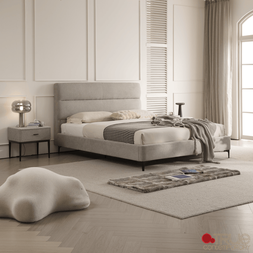 True Contemporary Bed Sutton Grey Fabric Platform Bed with Tufted Headboard - Available in 3 Sizes